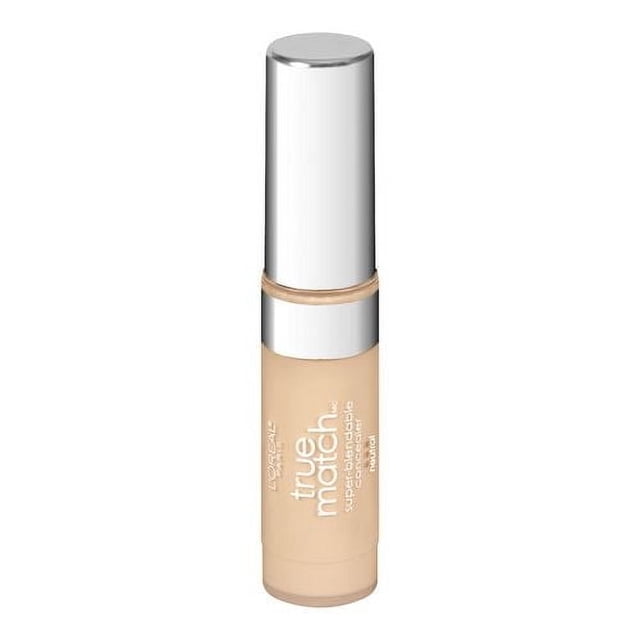 L'Oréal Paris True Match Super Blendable Concealer Warm Concealer, 5.2 ML, displayed in a beige cylindrical tube with a shiny silver cap and white text, featuring an OptiBlend formula for seamless, oil-free skin tone coverage that complements foundation and powder.