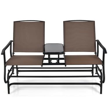 Patiojoy Causeuse de Patio Brune Berçante pour 2 Personnes, Fauteuil à Double Glissière d'Extérieur avec Table Centrale
