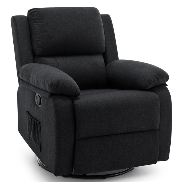 Korser Swivel Rocker Small Recliner Chair for Small Spaces for Living Room in black. This compact recliner features a 360° swivel base, 30° gentle rocking motion, and adjustable recline from 105° to 165°. Upholstered in breathable linen fabric, it includes high-density sponge cushions for comfort and side pockets for storage. Designed for small spaces, it measures 35 inches deep, 37.8 inches high, and 28.7 inches wide, with a weight capacity of 300 lbs. Suitable for living rooms, bedrooms, or home theatres.