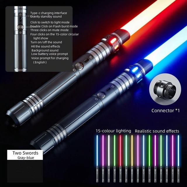Upgraded Version Gravity Sensing Light Saber 2 In 1 15-color Metal Laser Sword with a gray-blue metal handle, rechargeable lithium battery, and sound effects. The image highlights two swords connected to form a double saber, emitting red and blue lights. Features include 15 customizable colors, a Type-C charging port, and multiple modes like flash burst and mute. Designed for ages 14 and older.