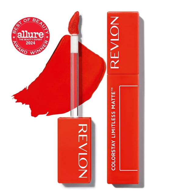 Revlon ColorStay Limitless MatteTM Rouge à Lèvres Liquide Rouge Vif avec Emballage Rectangulaire Orange-Rouge et Applicateur Pointu Qui Épouse les Lèvres, Affiché avec un Éclat Rouge Mat vibrant et un badge de Récompense Allure Best of Beauty 2024.