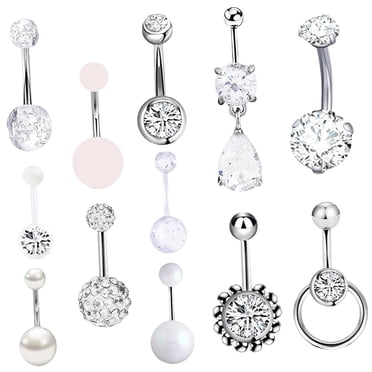12Pcs Fashion Belly Button Rings 316L Stainless Steel Zircon for Women Girls