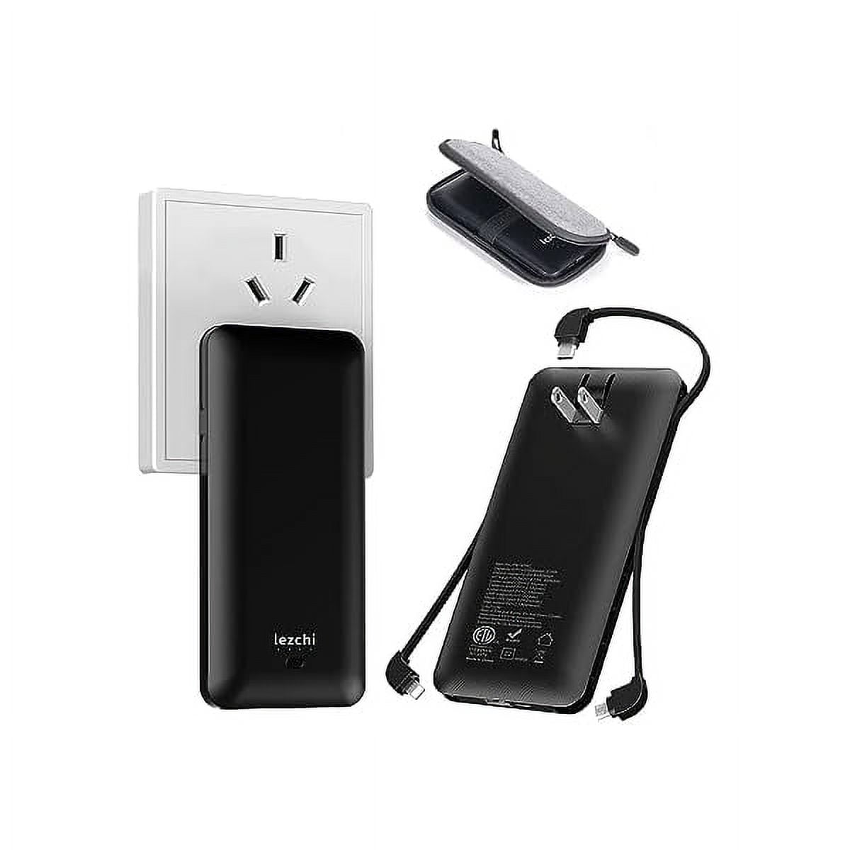 Portable Power Bank, Ultra Slim 10000mAh Portable Charger with Built in Cable, USB C External Battery Pack with Built-in AC Wall Plug Compatible with iPhone Smartphone Tablet…