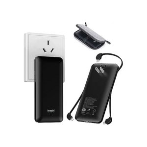 Portable Power Bank, Ultra Slim 10000mAh Portable Charger with Built in Cable, USB C External Battery Pack with Built-in AC Wall Plug Compatible with iPhone Smartphone Tablet…