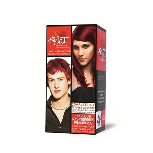 Splat Rebellious Color Bleach & Color Kit in Luscious Raspberries with a red and black rectangular box showing before and after hair color results in vibrant raspberry red. The semi-permanent hair colour kit includes bleach, peroxide, gloves, and instructions for intense, long-lasting colour on bleached hair, suitable for personal hair care use.