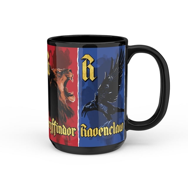 Zak Designs Harry Potter 15oz ceramic mug with black ceramic body featuring Gryffindor's roaring lion on a red background and Ravenclaw's black raven on a blue background, both with gold Gothic lettering, suitable for hot beverages and dishwasher safe.