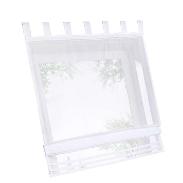 GROWTH TANK Roman Curtains in voile polyester, measuring 120×155cm, shown in white. The sheer curtain features a lightweight design with seven loop holes for easy hanging. It is suitable for bedrooms, balconies, kitchens, and coffee windows, offering privacy while allowing natural light. The height is adjustable, and the curtain includes a plastic tube for added sag effect.