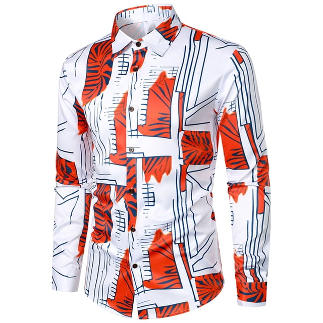 TIMIFIS Men's Dress Shirts Long Sleeve Floral Button Up Shirts Party Prom Wedding Shirt-Orange - Fall