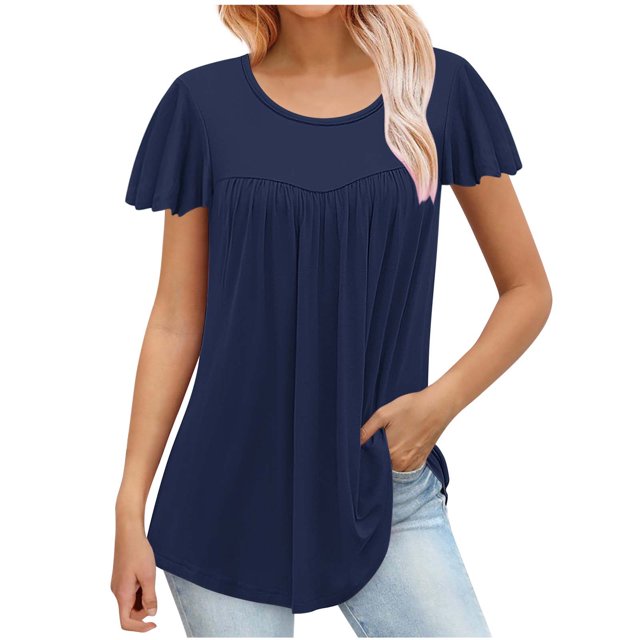 FAIWAD Tunique d'Été pour Femme à Manches Courtes, Col Rond, T-Shirt Décontracté Plissé, Ample et Fluide