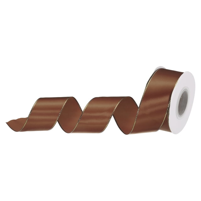 Unique Bargains 1 1/2 Inch 25 Yard Wide Satin Ribbon with Gold Edges Grosgrain Fabric Ribbon for Gift Wrapping, Brown