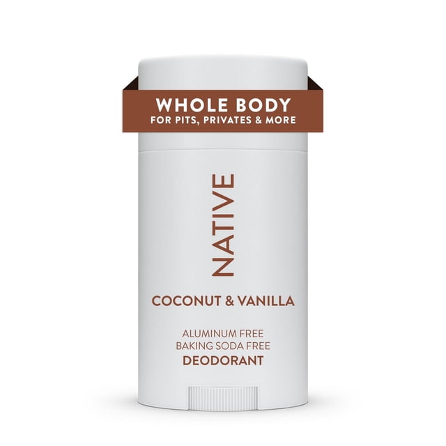 Native Whole Body deodorant Coconut & Vanilla 65g in a white stick with brown text, aluminum-free and baking soda-free formula for all-over body odor protection including sensitive areas, featuring a clear-on-skin formula and dermatologist-tested scent of coconut and vanilla.