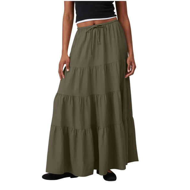 Besolor Maxi Skirt for Women Elastic Waist Drawstring Ruffle Tiered A-Line Summer Beach Boho Flowy Long Skirts