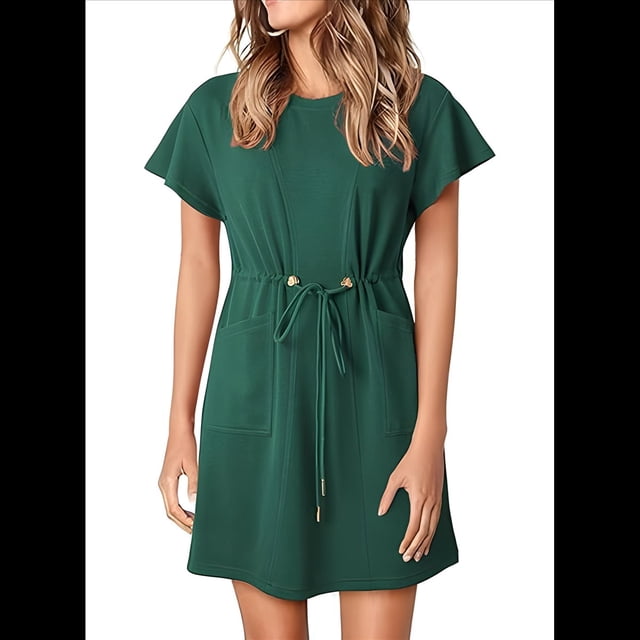 Robes Femmes Printemps Été 2025 Décontractées Col Rond à Volants Manches Courtes Fluides Ligne A Mini Robe avec Poches Noir et Vert TG