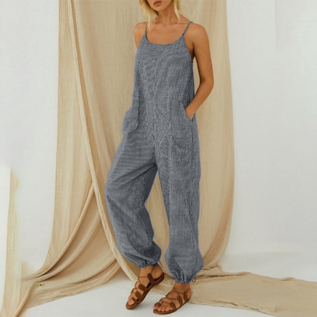 ZANZEA Womens Jumpsuits Stripe Design Pocket Ankle Length Overalls Rompers Loose Playsuit