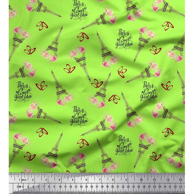 Soimoi Georgette Viscose Fabric Text,Floral & Eiffel Tower Architectural Decor Fabric Printed Yard 42 Inch Wide