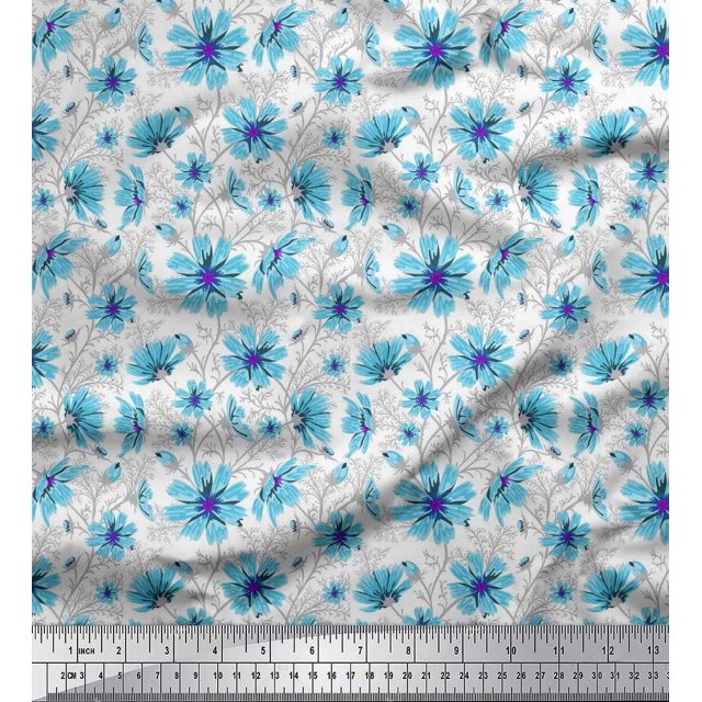 Soimoi polyester Crepe Fabric Leaves & Cosmos Floral Print Fabric by Yard 42 Inch Wide