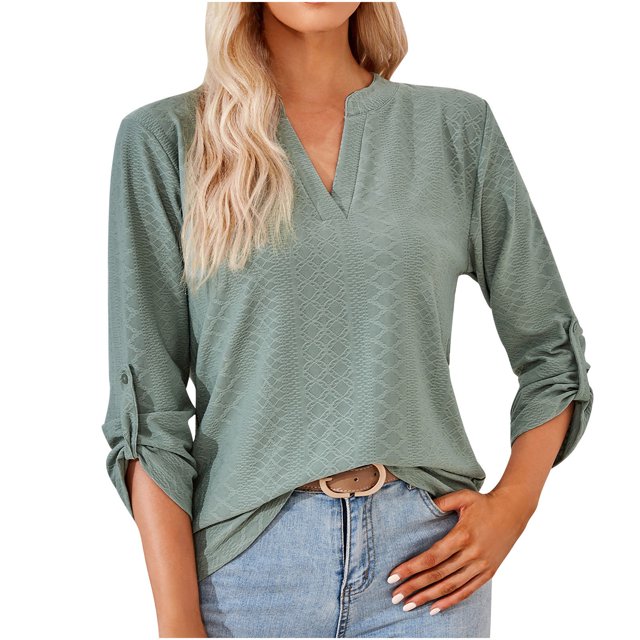 IROINNID Rabais T-shirt à Manches Longues en Polyester pour Femmes Décontracté Uni à Encolure Fendue T-shirt Ample Haut, Vert