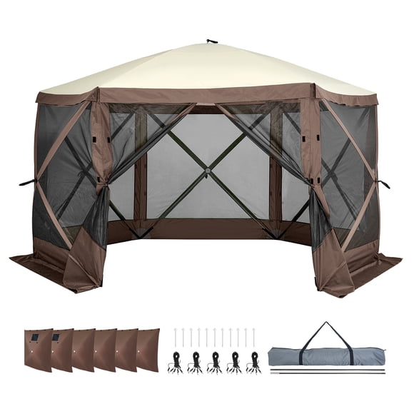 KFFKFF 11.5x11.5FT Camping Gazebo Screen Tent, Pop Up Gazebo, Pop Up Canopy with Mosquito Netting,6 Sides Outdoor Screen Tent with Mesh Windows and Portable Carry Bag for Camping, Backyard Party,Brown