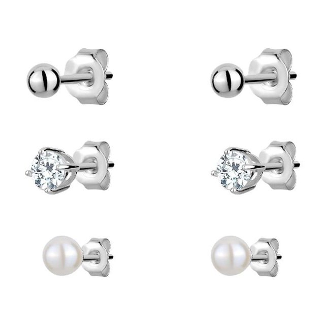 Luxury Designs Sterling Silver Set of 3 Studs with rhodium-plated silver ball studs, cubic zirconia studs in prong settings, and white pearl studs, displayed in pairs on a white background, suitable for stacking or individual wear as women's earrings.