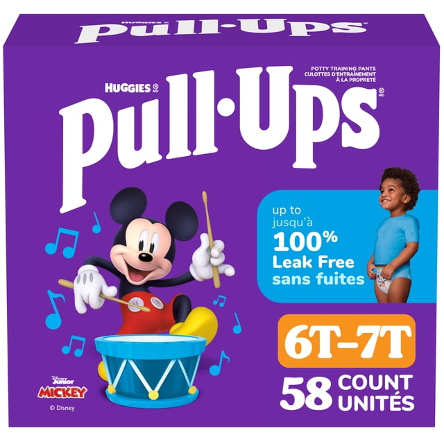 Pull-Ups Boys' Potty Training Pants, 6T-7T (55-75 lbs), 58 Count box featuring Mickey Mouse playing a blue drum with musical notes, highlighting up to 100% leak-free protection and designed for boys' potty training.