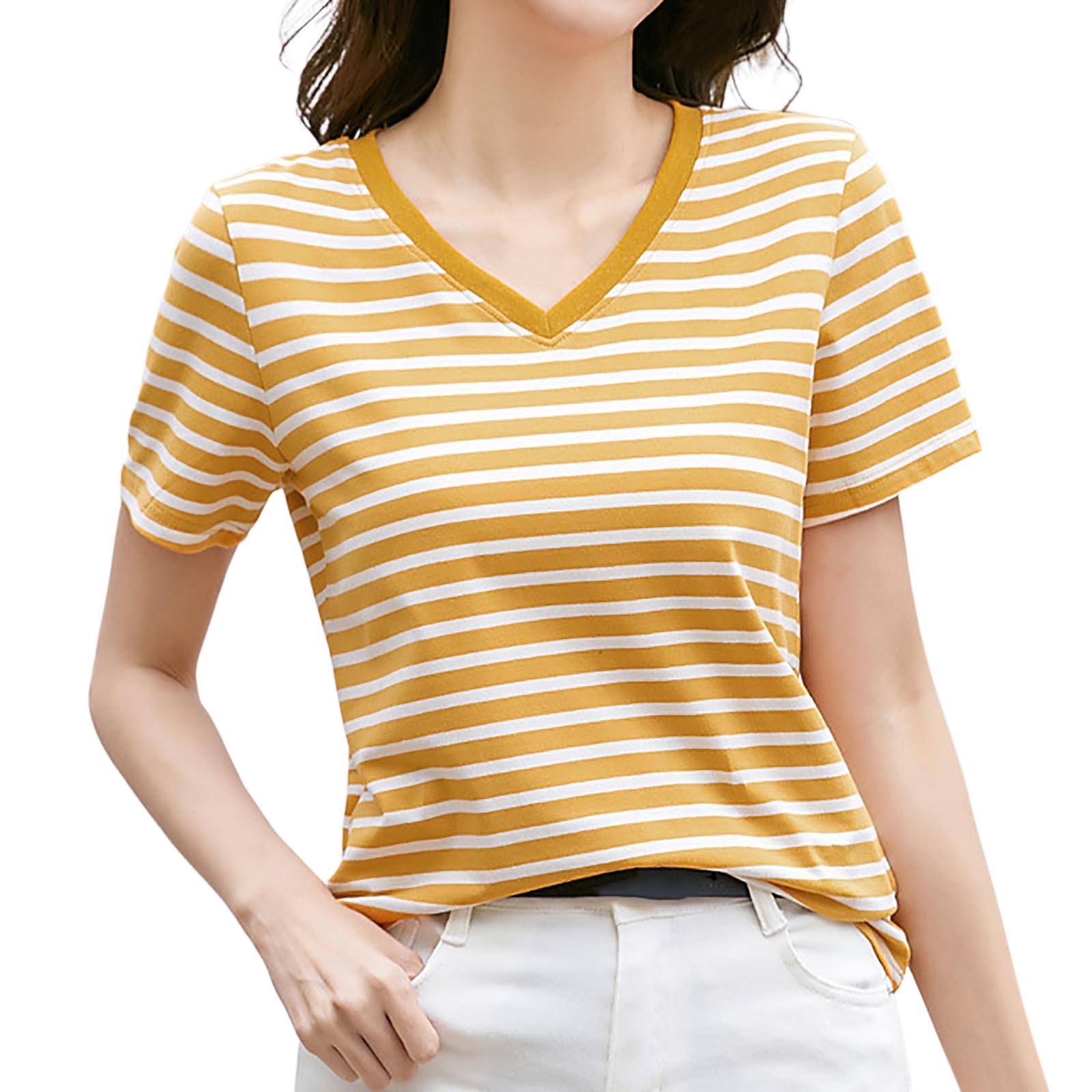 Women's Striped Retro Top Korean Style Full Loose Round Neck Short Sleeve Design Sense Color Contrast T Shirt