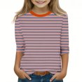 thumbnail image 2 of MeetoTime Filles Enfants T-shirt à Manches 3/4 Col Ras du Cou Rayé Imprimé d'Été Décontracté Vêtements pour Enfants 3-12 Ans, 2 of 5