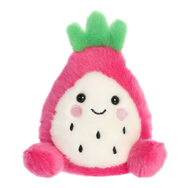 Aurora Palm Pals - Rhys Dragon Fruit 5-inch stuffed animal plush toy with a vibrant pink and white design and green leafy accents on top. Rhys features a cheerful embroidered face with black eyes, pink cheeks, and black seed-like details on its body. Crafted from soft, high-quality materials with bean pellets for stability, suitable for all ages.
