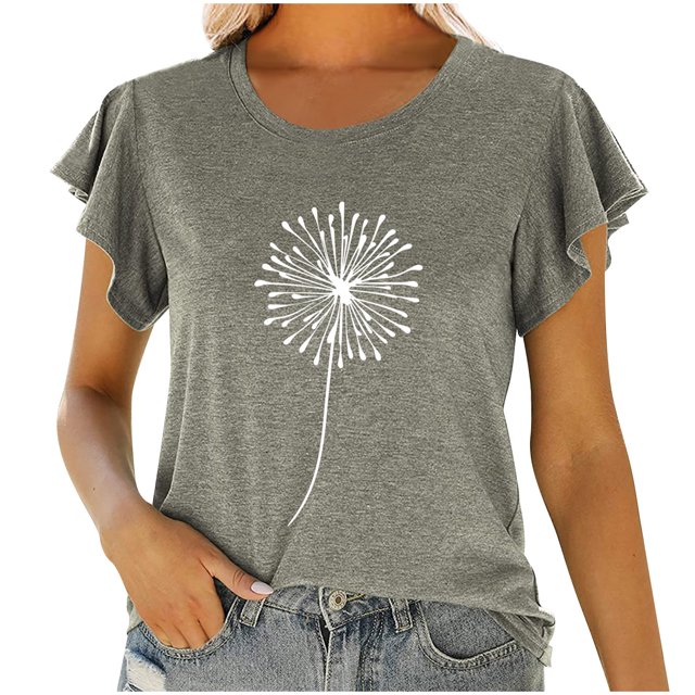 EGNMCR T-Shirts pour Femmes Mode Femmes Col Rond Manches Courtes T-shirt à Volants Imprimé Hauts Blouse d'Été