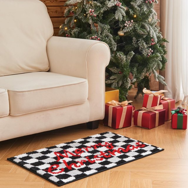 Douceur Christmas Checkered Bathroom Rugs, Cute Black Bath Mat, Christmas Bathroom D cor Non Slip Bath Rugs, Soft and Absorbent Washable Bath Rugs 36"X24"
