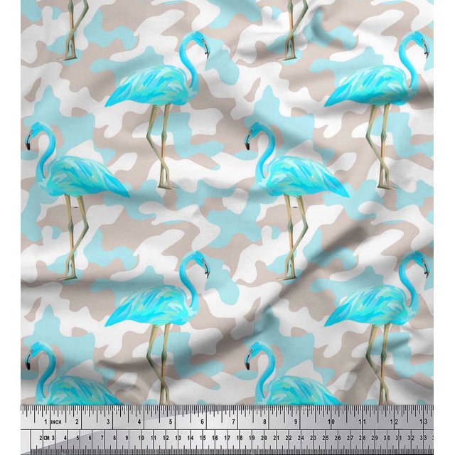 Soimoi Moss Georgette Fabric Camouflage Texture & Flamingo Bird Printed Fabric 1 Yard 42 Inch Wide
