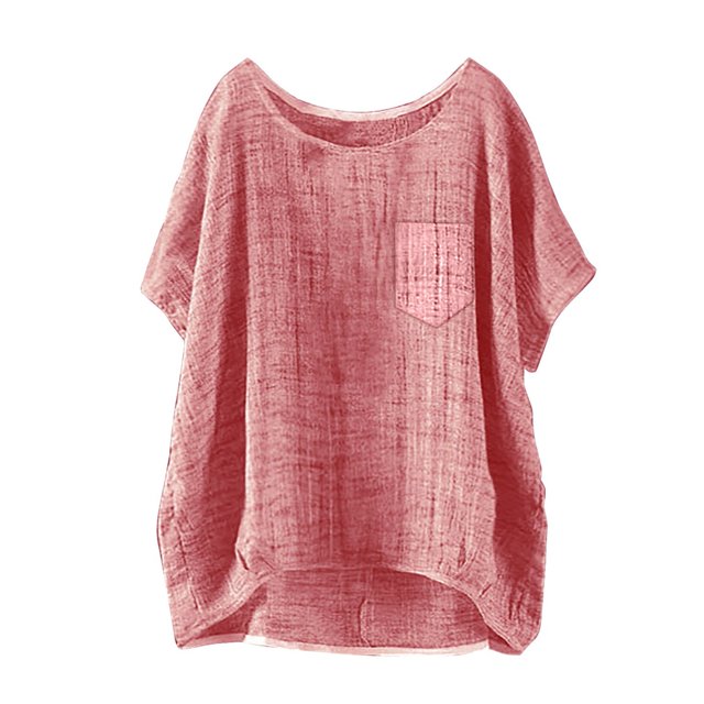 T-Shirts Femmes Mini T-Shirt d'Été à Manches Courtes Uni Décontracté Ample en Lin - Hontri