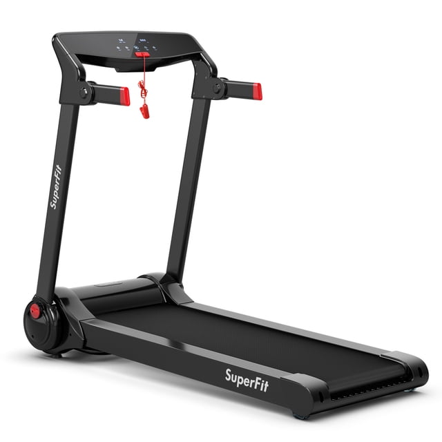 Gymax Folding Electric Treadmill 3.0HP Exercise Running Machine in red and black with app control. This compact treadmill features a spacious running area, HD digital display for tracking speed, time, distance, pulse, and calories, and a safety key for emergency stops. Foldable design with transport wheels for easy storage and mobility. Ideal exercise machine for home, gym, and office use.