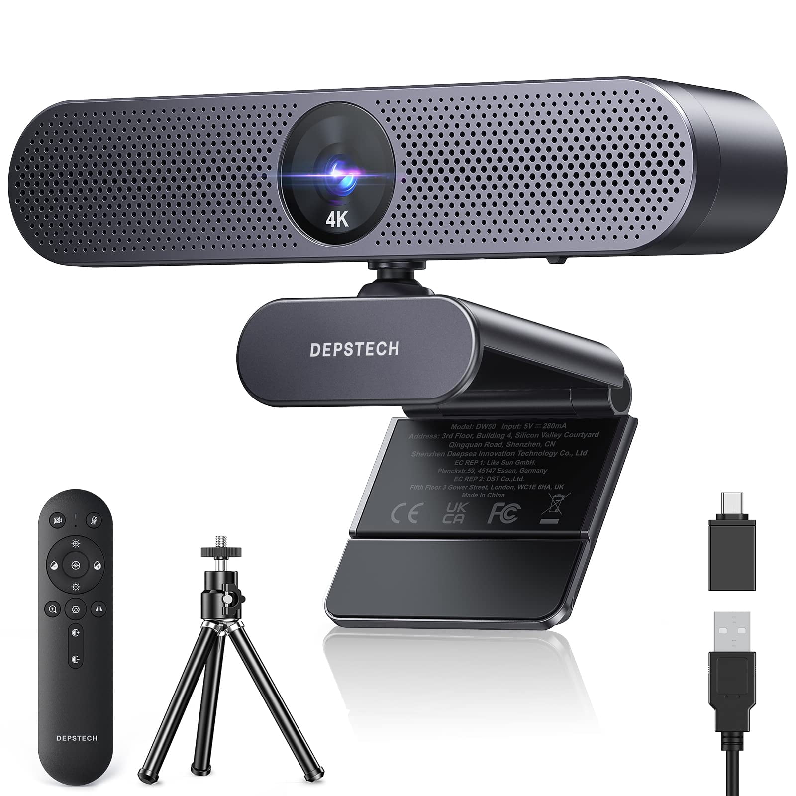 DEPSTECH Webcam 4K, Zoomable Webcam with Microphone and Remote, Equipped with Sony Sensor, 3X Digital Zoom, Noise-Canceling Mics, Auto-Focus Computer