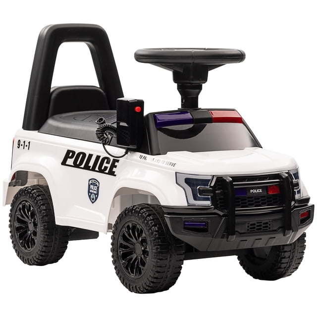 Aosom Kids Ride On Sliding Car with Hidden Under Seat Storage, Ride On Police Car for Toddler with Megaphone, Anti Dumping Device, Removable Backrest, Foot-to-Floor Design, White A front-facing ride-on police-style toddler car with large steering wheel and megaphone, hidden under-seat storage, anti-overturning device and removable backrest. Dimensions 24.5"L x 11.5"W x 17"H; for ages 18–60 months; often used for indoor balance practice.