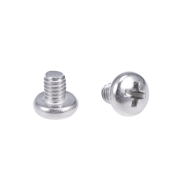 Unique Bargains M4x5mm Machine Screws Pan Phillips Cross Head Screw Fasteners Bolts, shown in a silver-gray finish. Made of 304 stainless steel, these screws feature a Phillips cross groove and a pan head design. The screws measure 5mm in length with an 8mm head diameter and a 0.7mm pitch. Ideal for use in industries such as furniture, aerospace, electronics, and construction. Package includes 20 pieces.
