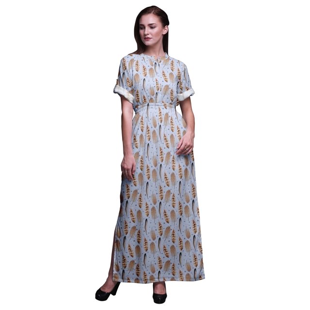 Bimba Robe Longue d'Été en Rayonne Imprimée de Plumes d'Aigle, Manches Kimono, Fente Maxi - Xxx-Grand