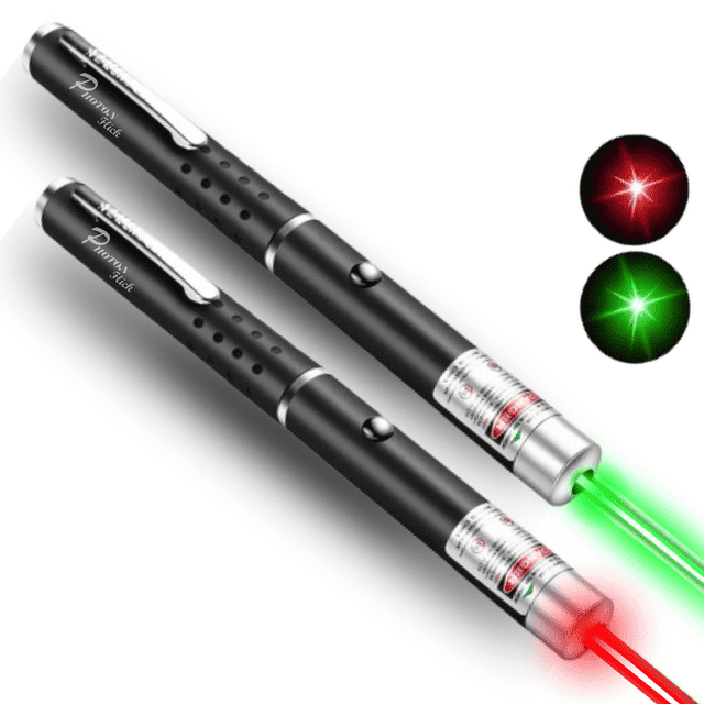 KEINXS 2 Pack Laser Pointer Pen with visible light beams in red and green, ideal for presentations and pet play. These high-power, long-range laser pointers are lightweight and portable, crafted from durable aluminum alloy. Designed with an easy-to-use push-button switch, they run on two AAA batteries for extended use. Suitable for engaging pets or enhancing presentations.