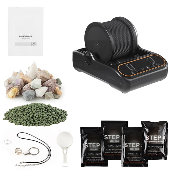 KFFKFF Rock Tumbler, 1 lb Rock Polishing Machine, Rocks Tumbling Kit with 4-Speed Adjustment, 1–9 Day Timer, PC Sound Reduction Cover & TPU Drum