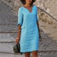 thumbnail image 4 of 2025 et Robes d'Été en Lin à Manches Courtes pour Femmes Vacances Semi-Décontractées Robe à Col en V Profond pour Femmes Robe Mini à Col en V Robes Femmes Couleur Unie Femmes, 4 of 6