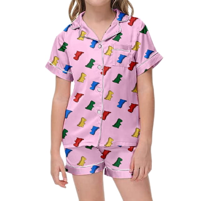 Adorable Dinosaur Themed Short Sleeve Button Down Pajama and Shorts Set for Children's Bedtime Comfort