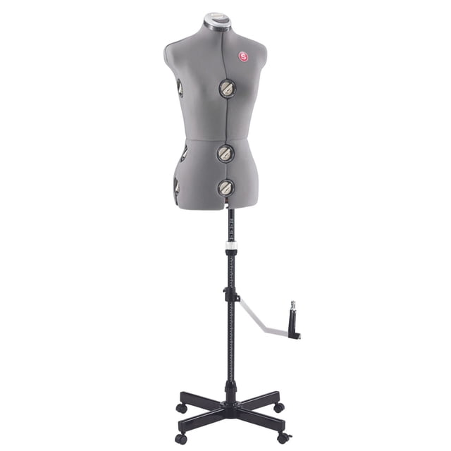 SINGER® Robe Ajustable - Moyen/grand/TG en Gris avec 12 Cadrans de Réglage pour le Cou, la Poitrine, la Taille, les Hanches et la Hauteur, Extérieur en Tissu avec Dos en Mousse pour Épinglage et Drapé, Monté sur un Support en Métal Noir avec Cinq Roulettes et une Manivelle de Réglage de la Hauteur, Idéal pour l'Ajustement et l'Exposition de Vêtements.