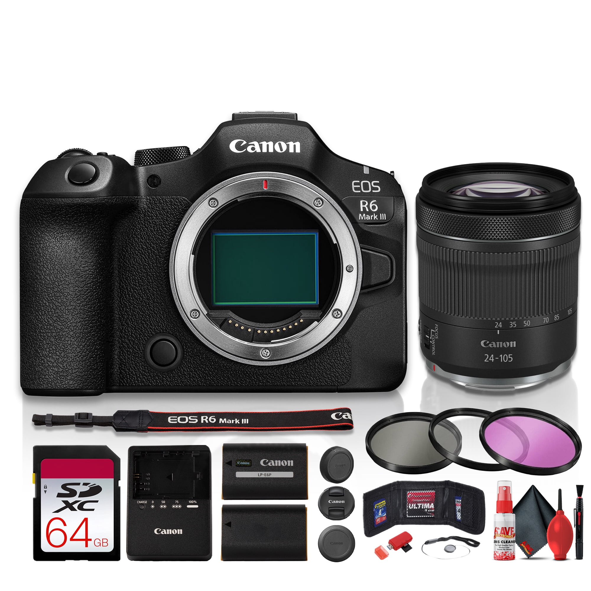 Canon EOS R6 Mark III Mirrorless Camera 32.5MP Full-Frame | 7K 60p Video, 40fps, Stop Motion Firmware, DIGIC X | RF 24-105mm f/4-7.1 IS STM Lens + 64GB Card + Battery + Filter Kit (International Model