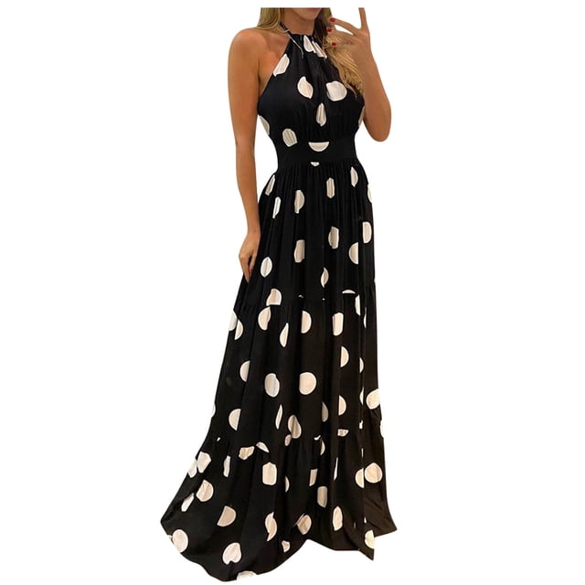 Leutsin Robe Maxi Grande Taille pour Femmes à Imprimé Tropical, Dos Nu à Col Licou, Aguichant, Sans Manches, de Plage, Grande Taille