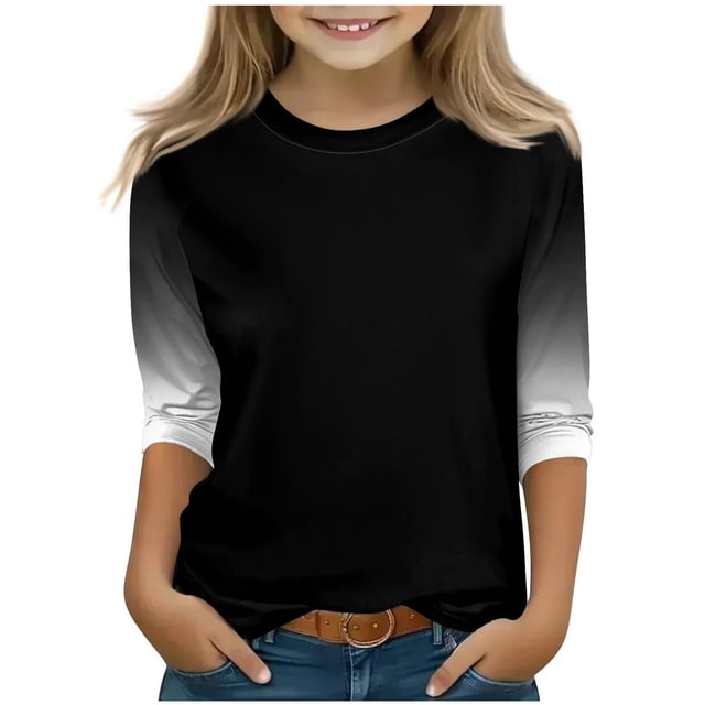 SERTG T-Shirt Mode Enfant Col Rond Manches 3/4 Imprimé Col Rond pour Été et Printemps 4-15 Ans (Noir3,14 Ans)