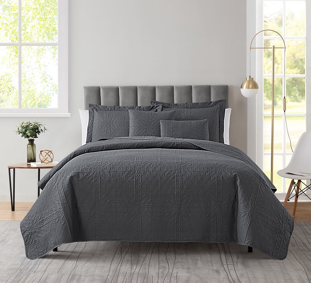Clara Clark Home Quilt Set Bedspread - Ultra Soft Microfiber Embossed Grid Weave Pinsonic Lightweight Coverlet - Quilted Comforter 5 Piece Bedding Set - 2 Pillow Shams, 2 Euro Shams - Queen, Gray
