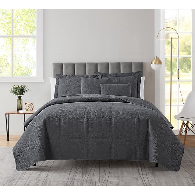Clara Clark Home Quilt Set Bedspread - Ultra Soft Microfiber Embossed Grid Weave Pinsonic Lightweight Coverlet - Quilted Comforter 5 Piece Bedding Set - 2 Pillow Shams, 2 Euro Shams - Twin, Gray