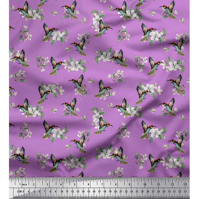 Soimoi Moss Georgette Fabric Leaves,Flower & Humming Bird Fabric Prints by Yard 42 Inch Wide