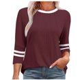 thumbnail image 1 of Olyvenn Chemises pour Femmes à Manches 3/4 Été à Blocs de Couleur Plissées Hauts Décontractés Amples Décontractés Col Ras du Cou Tenues Mode Vêtements Bourgogne P, 1 of 5
