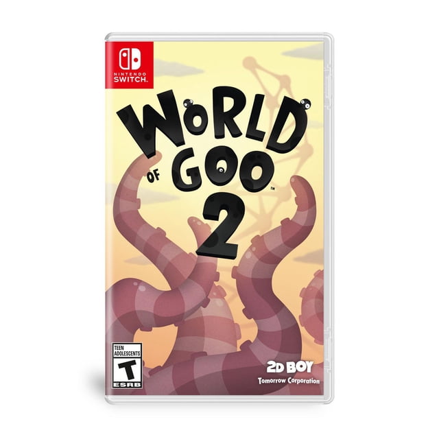 World of Goo 2 Nintendo Switch game case with black stylized title text featuring eyes on a yellow background and large segmented purple tentacles, rated T for Teen, a puzzle game available as a Nintendo Switch download.