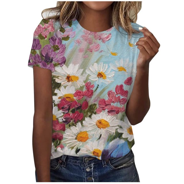 EQWLJWE Hauts d'Été pour Femmes Hauts pour Femmes en Liquidation Femmes Surdimensionné Été Décontracté Manches Courtes Col Rond Imprimé Manches Hauts Blouse Ample